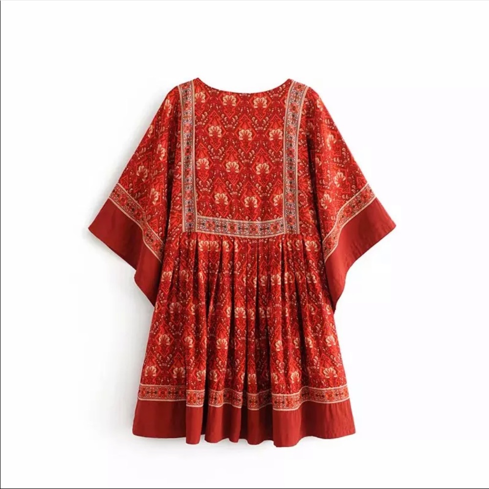 Boho Floral Paisley Gypsy Print Tunic Dress Red - Picture 5 of 9